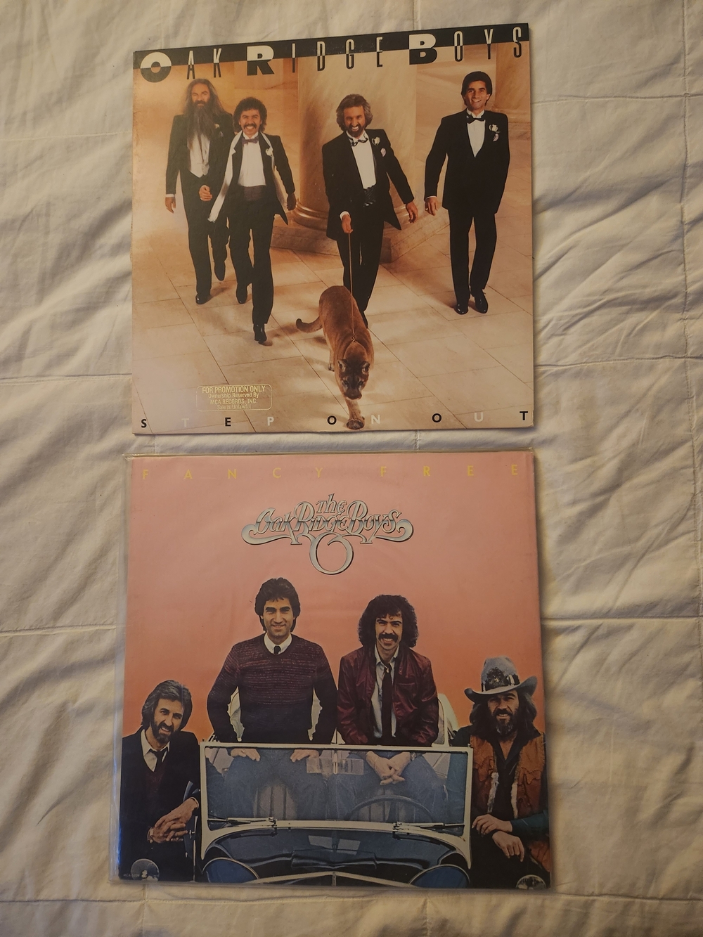 Oak Ridge Boys Step On Out & Fancy Free Vinyl Record Lot - Brown / Pink